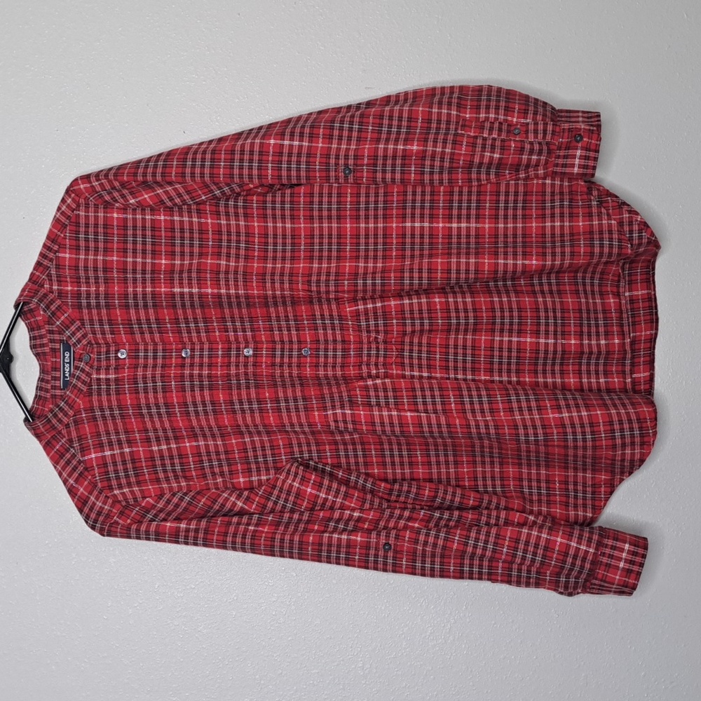 Lands End Women's 1/2 Button Popover Shirt Red Plaid Silver Metallic Pleated 14